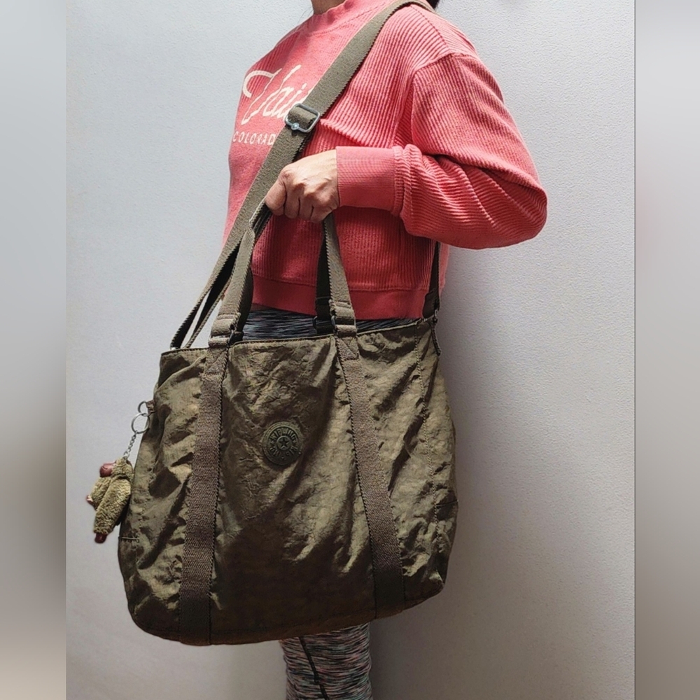 Kipling Olive Green Duffel Tote Travel Bag with Adjustable Shoulder Strap